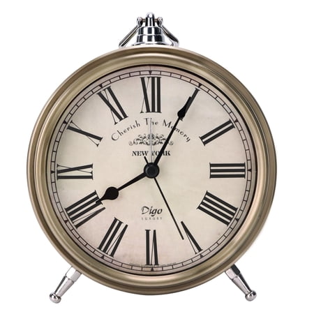 Vintage Table Clock on Stand, Super Silent Non Ticking Small Analog Alarm Clock, Battery Operated Silvery Decorative Clock for Bedside Desk Shelf