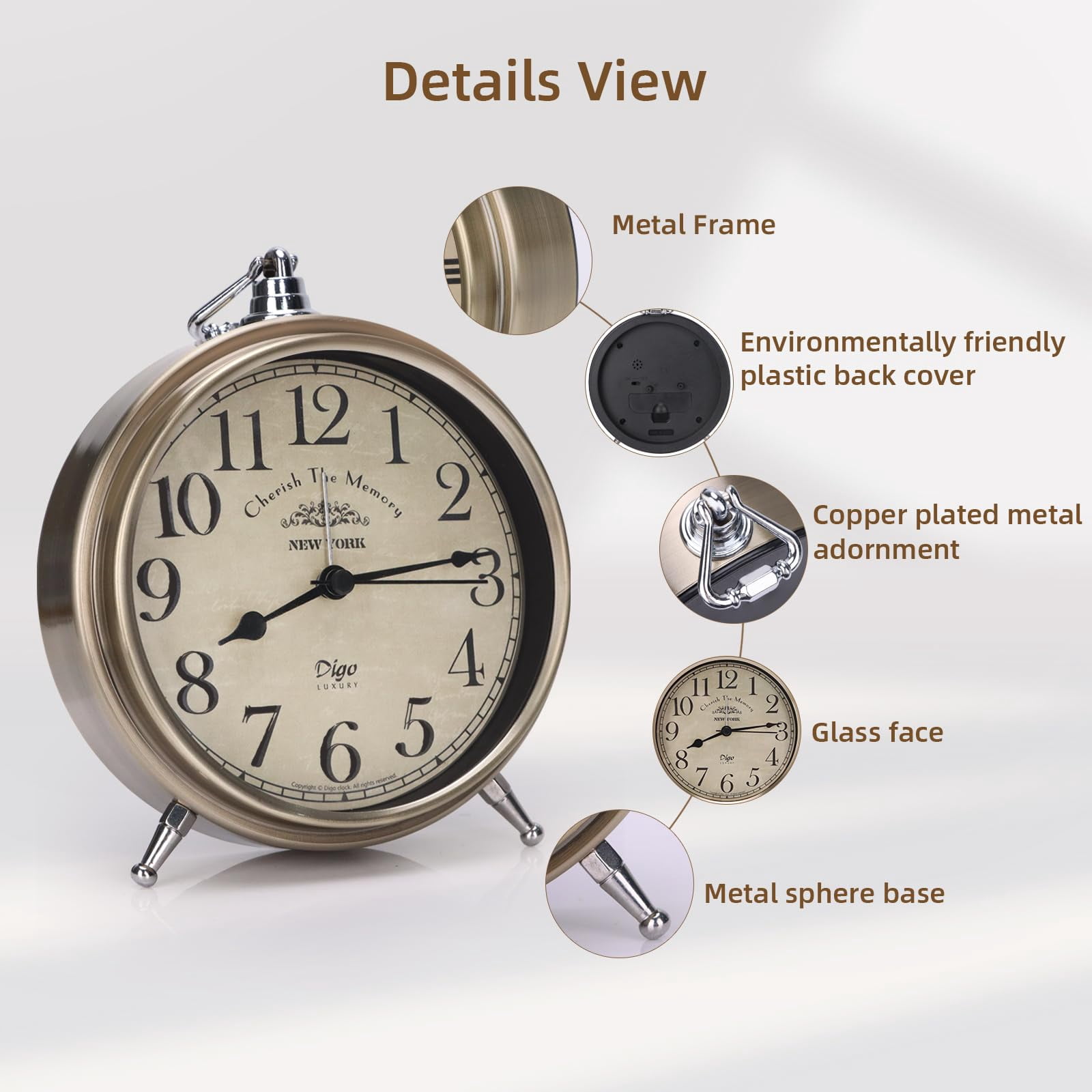 Vintage Table Clock on Stand, Super Silent Non Ticking Small Analog Alarm Clock, Battery Operated Silvery Decorative Clock for Bedside Desk Shelf