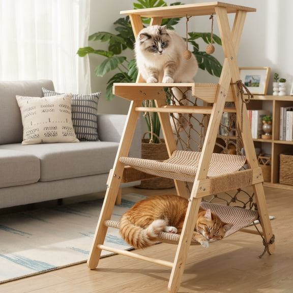 VGBYUJ 43.3" H Cat Tree, Wooden Cat Ladder with Hammock & Sisal Scratch Post for Big Cats Indoor Outdoor
