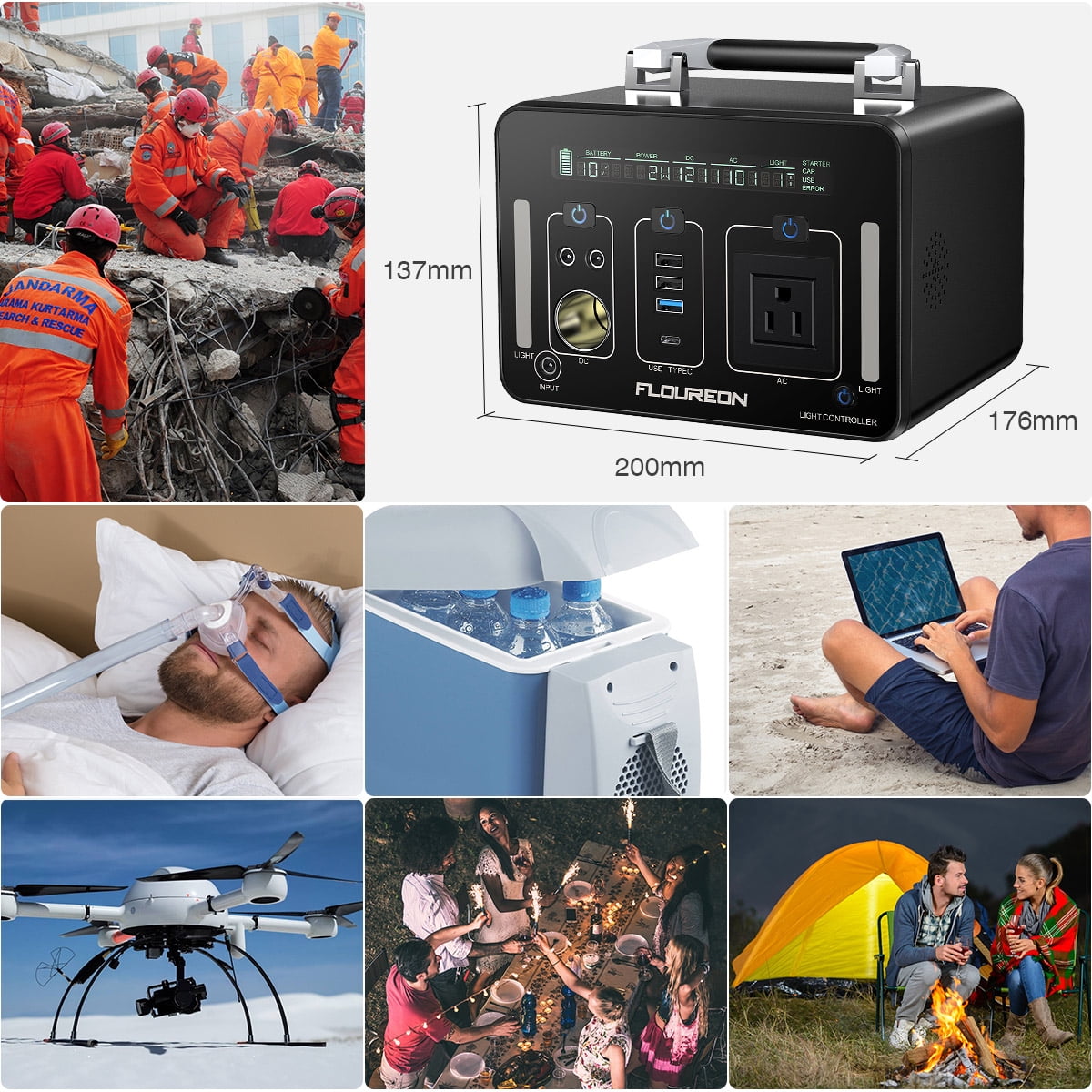 Portable Power Station, FLOUREON 500Wh Solar Generator for home use with AC Outlet, 12V Car, USB Output Power Supply for camping Road Trip Emergency Backup