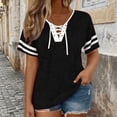 thumbnail image 2 of GZWYHT Women Lace Up V Neck Striped Short Sleeve T Shirt, Tie Dye Wash Loose Casual Baseball Stripe Tee, Soft Breathable Relaxed Fit Everyday Top Black L, 2 of 5