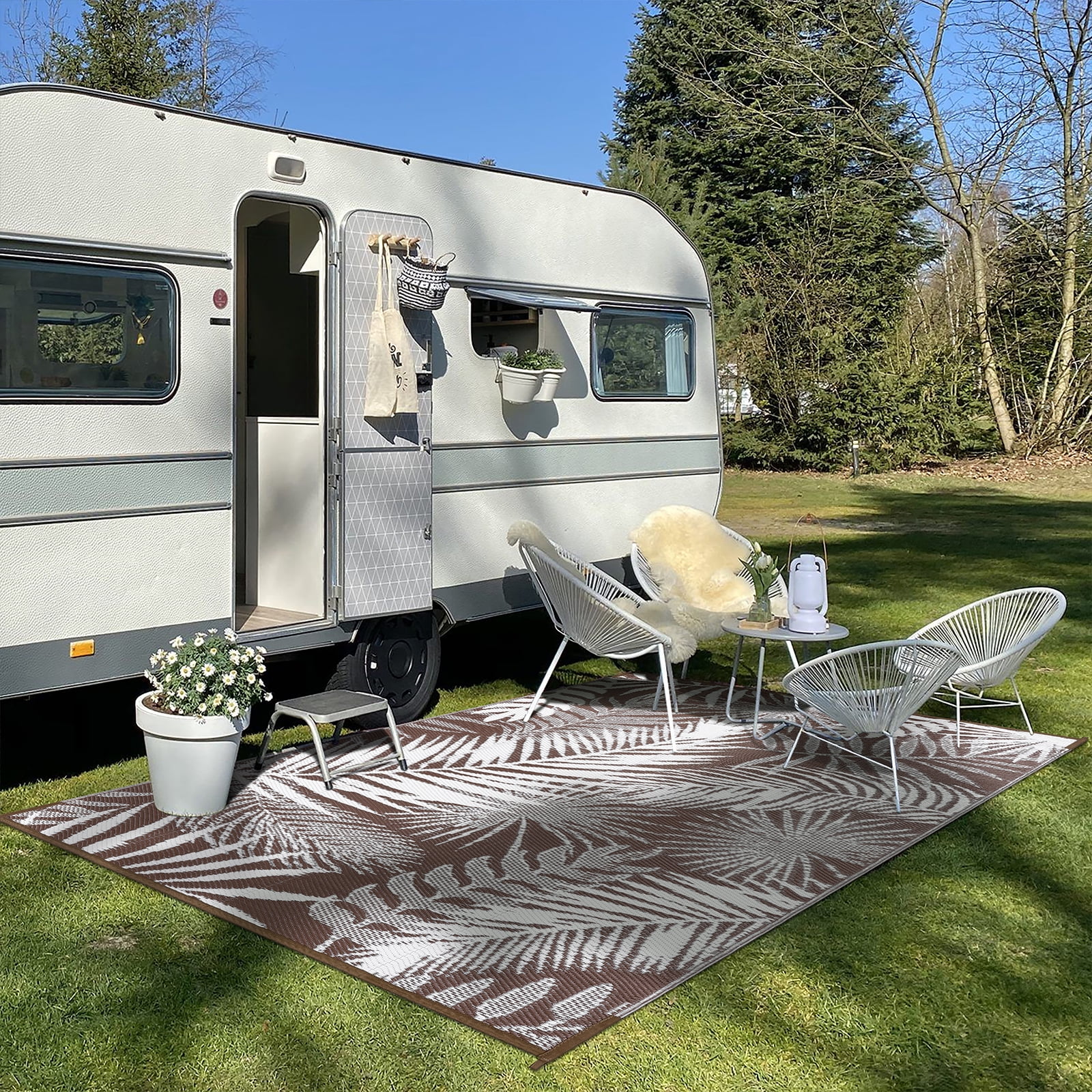MeyJey Outdoor Rug, 8'x10' Reversible Waterproof Area Rug, Plastic Mat for RV Patio Camping, Brown