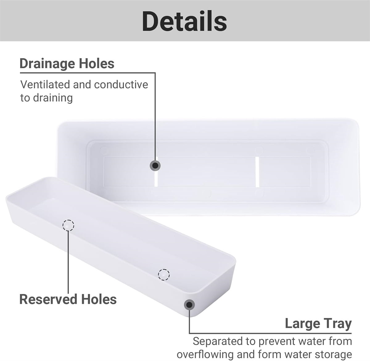 GIXUSIL Rectangular Plastic Planter, 12"x3.8" Window Box Planter with Tray, Lightweight & Extremely Durable FlowerPot, White, 1 Pcs