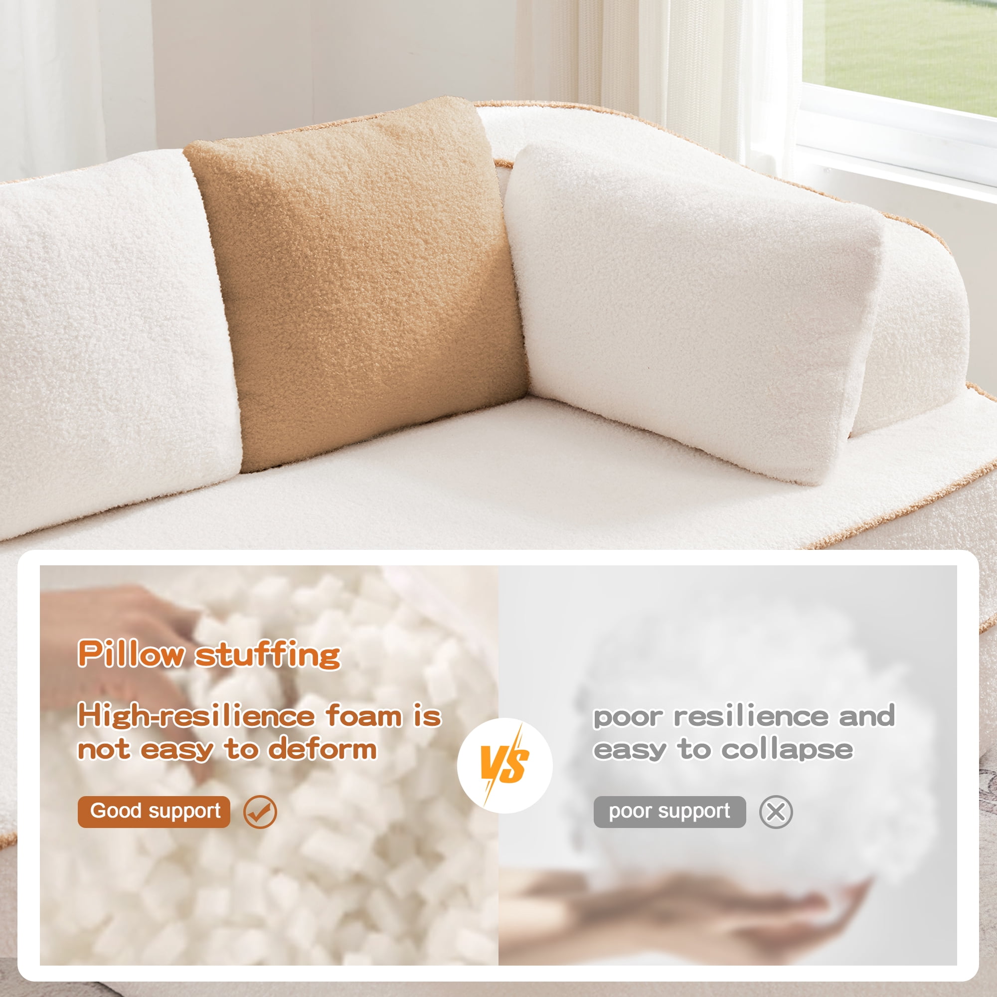 106" Teddy Fabric No Assembly 32D Boneless Sofa, Comfy Couch with L-Shaped Chaise for Living Room, White