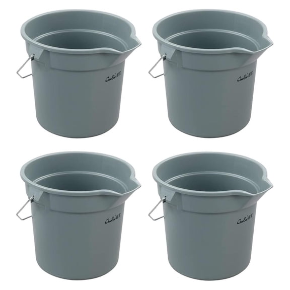 14 Quart Cleaning Pails 4-Pack - Heavy Duty Round Utility Buckets, Gray - Household Cleaning, Janitorial, Industrial Use - Durable Plastic Pail