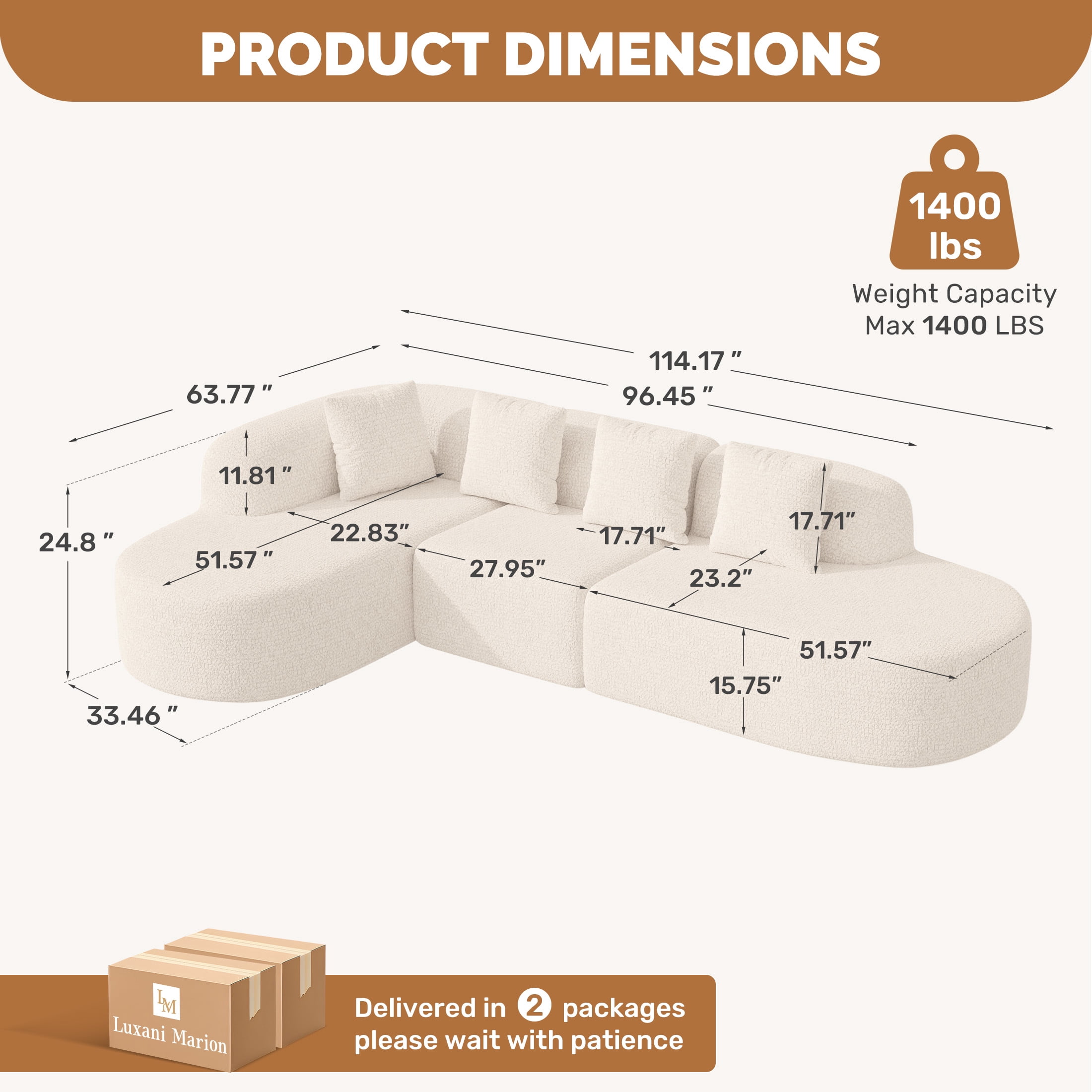Daluvenix 114 Inch Boneless Couches for Living Room Modern Modular Sectional Sofa with Left Chaise L-Shape Cloud Sectional Couch