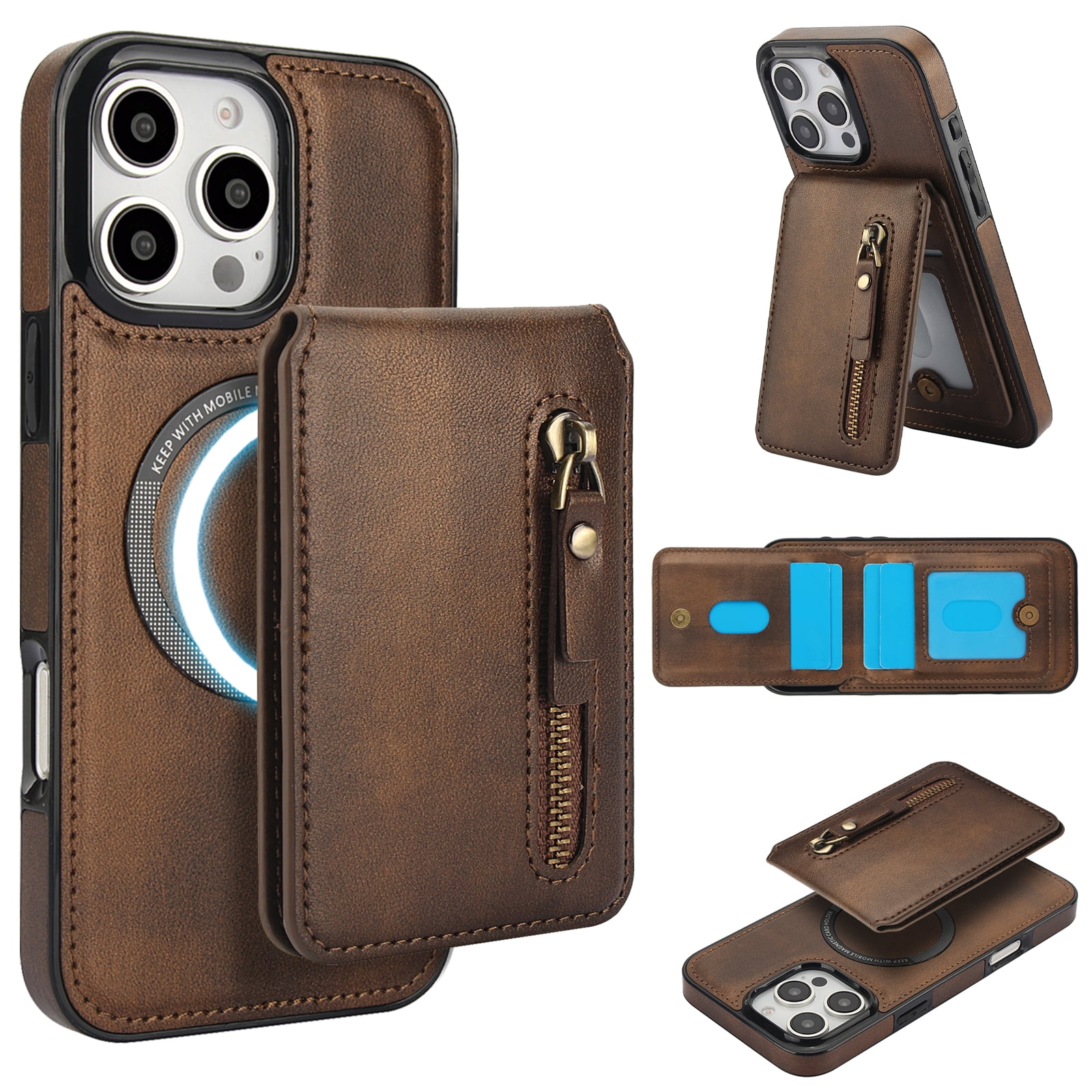 Magnetic Detachable Wallet Case For iPhone XS Max, 2-in-1 Premium PU Leather Cover with Zipper Pocket Back Flip Card Holder Stand,Compatible with MagSafe Wireless Charging,Brown