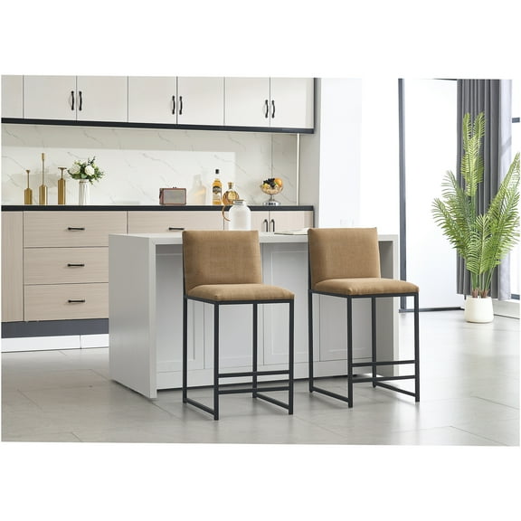 JERFIT 2-Pack Counter Height Bar Stools, Upholstered Fabric Barstools with Metal Footrest & Frame for Kitchen Island, Dining Room, Coffee Color