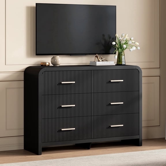 HUJAUU Fluted 6-Drawer Dresser, Modern Wood Chest of Drawers with Curved Corner & Gold Handles, Ample Storage Cabinet for Bedroom, Black