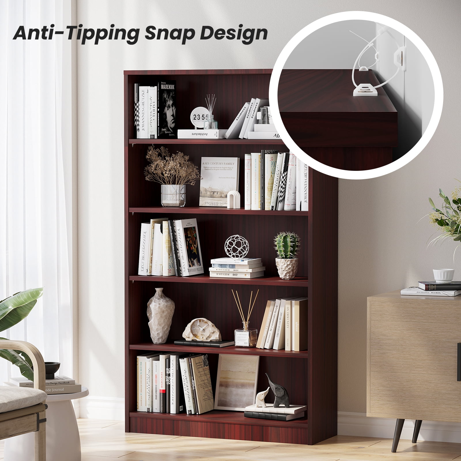 STARY 5 Tiers Bookcase, Wooden Bookcase with Adjustable Shelves for Home, Office, Mahogany