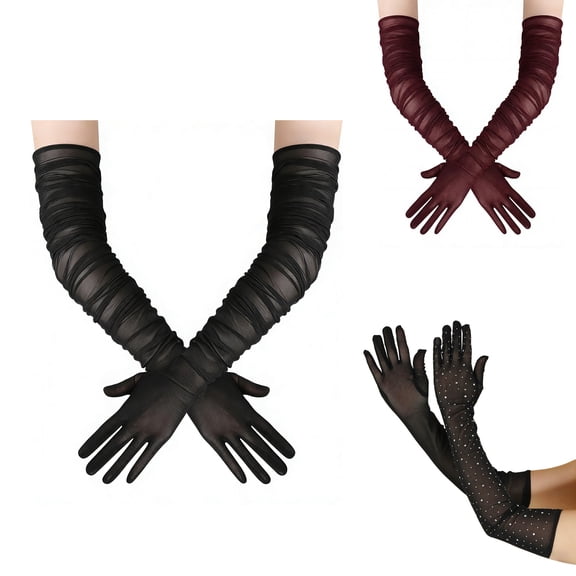 3 Pairs Long Sheer Gloves for Women, Tulle Opera Gloves 20-40 inch, Elegant Evening Party Gloves with Red & Black & Rhinestone Styles, Polyester Formal Gloves for Wedding, Prom, Party
