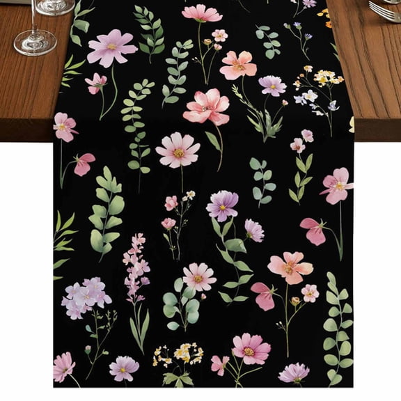 Table Runners 72 Inches Long Dress Scarves, Pink Spring Floral Farmhouse Kitchen Table Runner, Coffee Tablerunners, Flowers Botanical Elegant Pastoral Black 16x72 Inch