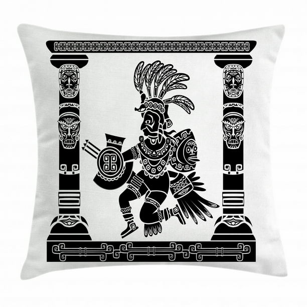 Aztec Throw Pillow Cushion Cover, Tribal Deity Quetzalcoatl Maya God of