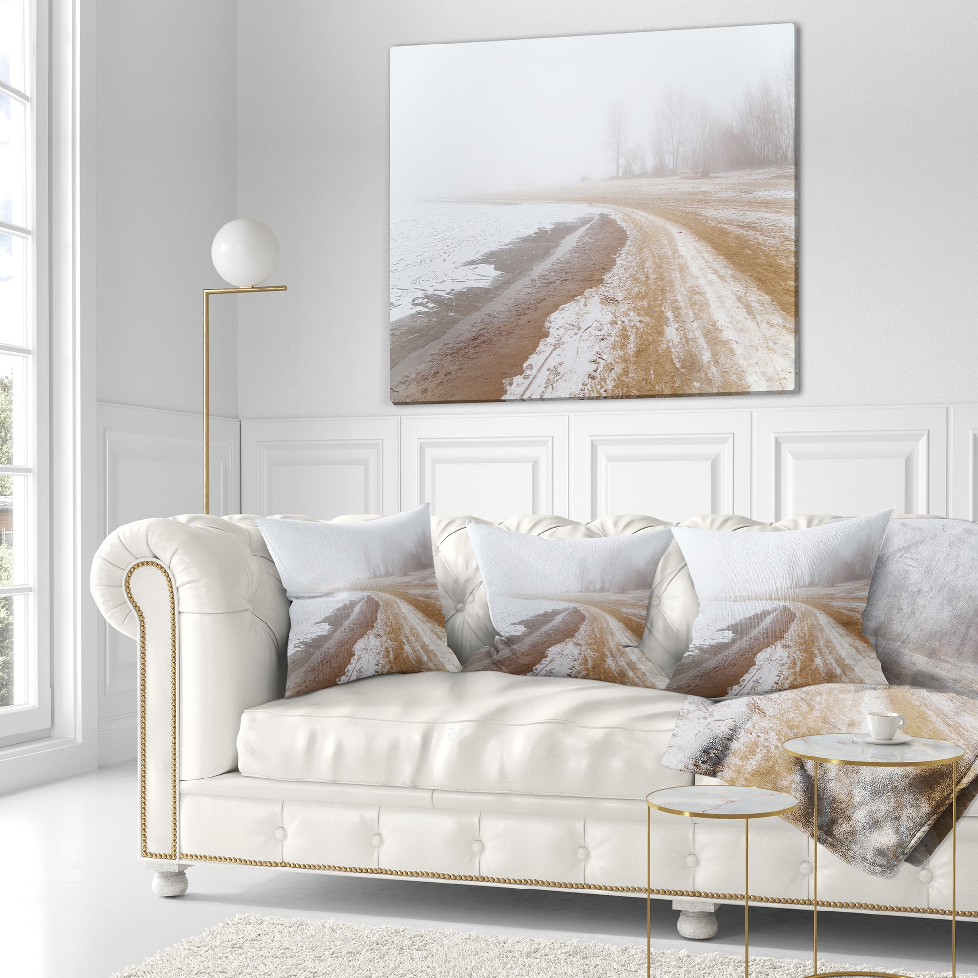 Designart Sandy Beach in the Winter Fog - Modern Seashore Throw Pillow - 16x16