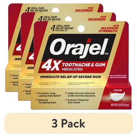 (3 pack) Orajel 4X for Toothache & Gum Pain, Severe Cream Tube 0.33 oz, from Oral Pain Relief Brand
