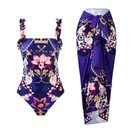 ZQGJB 3 Piece Swimsuits for Women High Waisted Bikini Sets Retro Swimsuit with Cover up Beach Chiffon Maxi Wrap Skirt(Purple M)