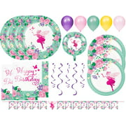 Floral Fairy Sparkle Girls Birthday Party Supplies Bundle | Disposable Plates and Napkins Tableware for 24 | Pink Garden Fancy Fairy Banner, Dangler and Balloon Decorations (103 Pieces)