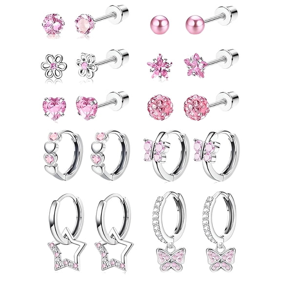DESIGNICE 10 Pairs Flat Back Earrings for Women, 316L Stainless Steel Hypoallergenic Studs & Hoops, Nickel Free Cartilage Jewelry, Pink