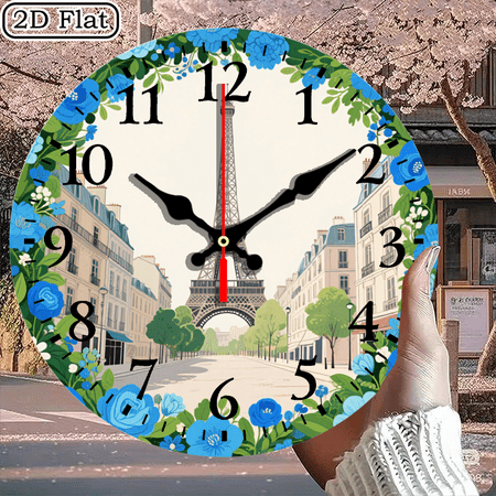 Parisian Eiffel Tower Decorative Wall Clock, Vintage Floral Design Round Clock for Home Decor, 10x10 Inch, 1pc, Battery Not Included