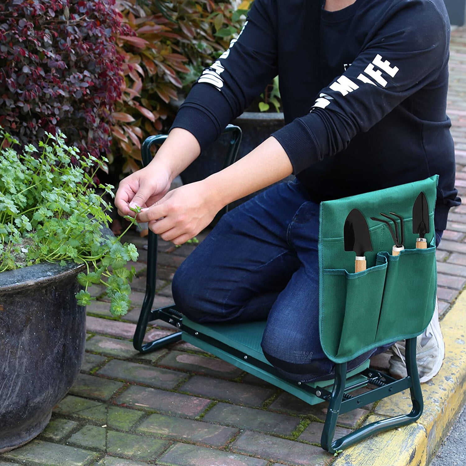 2-IN-1 Garden Kneeler Folding Gardman Thicken Padded Seat Stool with Gardening Work Tool Bag