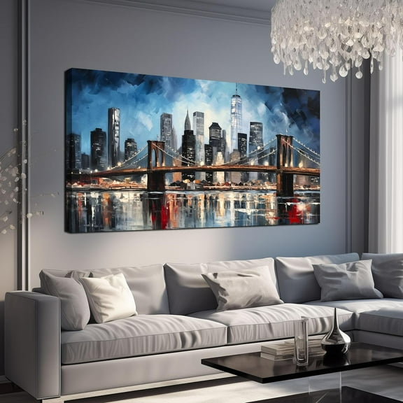 Aaheei Brooklyn Bridge Wall Art for Bedroom,Modern City Canvas Wall Art Living Room,Blue Home Office Decor