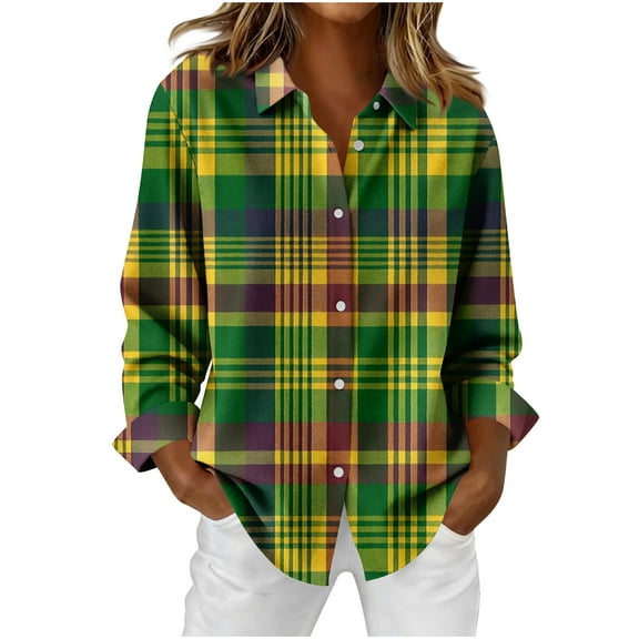 Ailaofu Womens Patchwork Button Down Shirts Red Brown Green Blue Purple Plaid Button Up