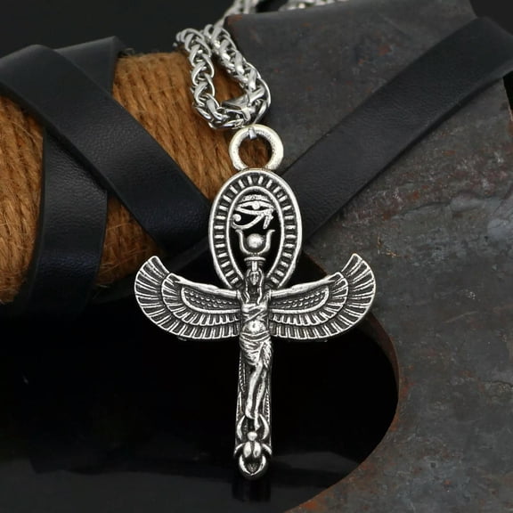 HOOUN Silver Isis Goddess Ankh Cross w. Eye of Horus Pendant Necklace Egyptian Jewelry