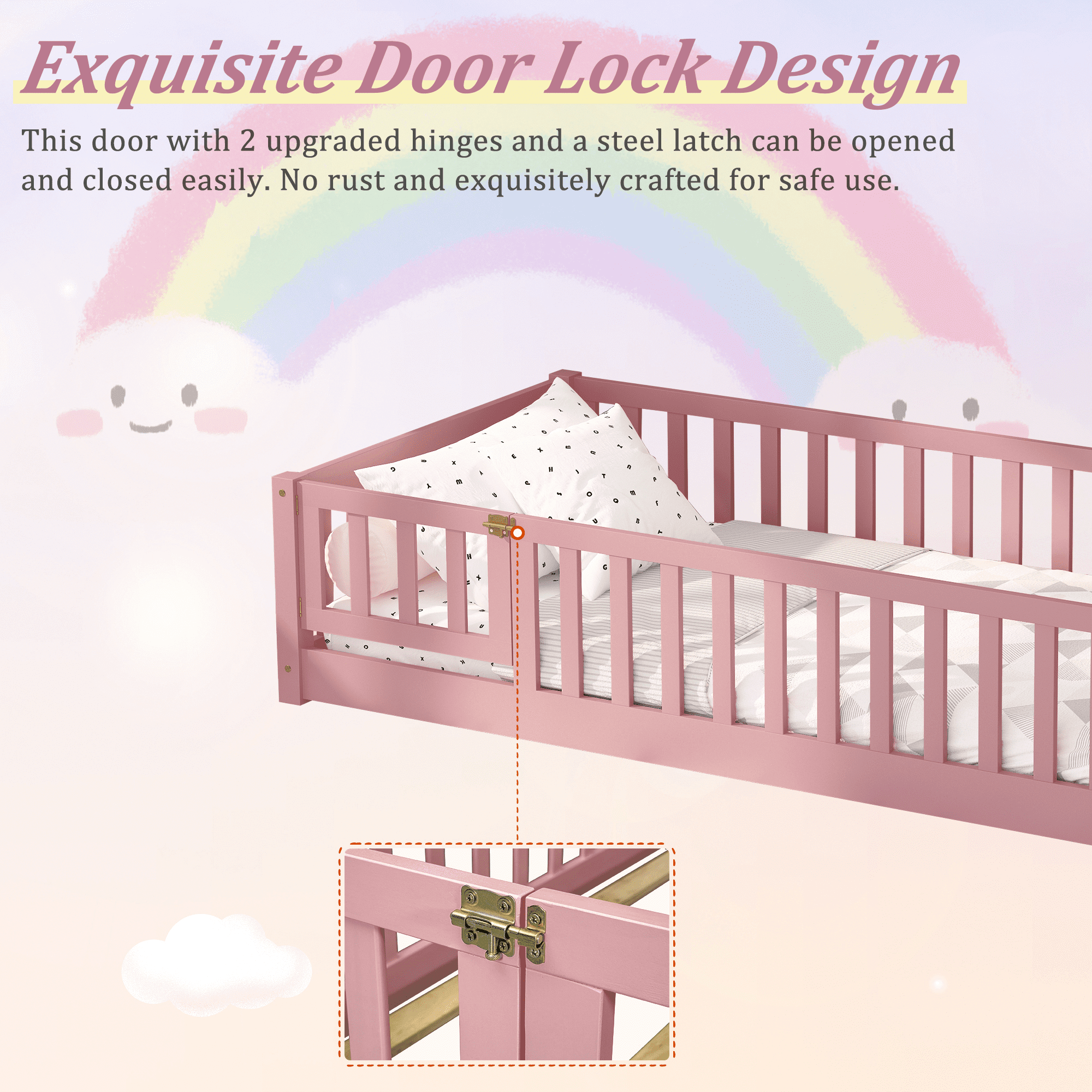 UHOMEPRO Twin Size Floor Bed with Fence and Door, Low Profile Montessori Floor Bed for Crib Transition, Solid Wood Cute Bed Frame with Slats Supports, Easy Assembly, No Box Spring Needed, Pink