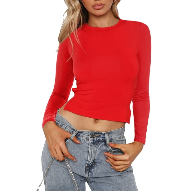 Txlixc Camisetas femeninas, cuello redondo de manga larga, tirantes, blusas delgadas de color sólido, fiesta callejera para mujeres Txlixc moda