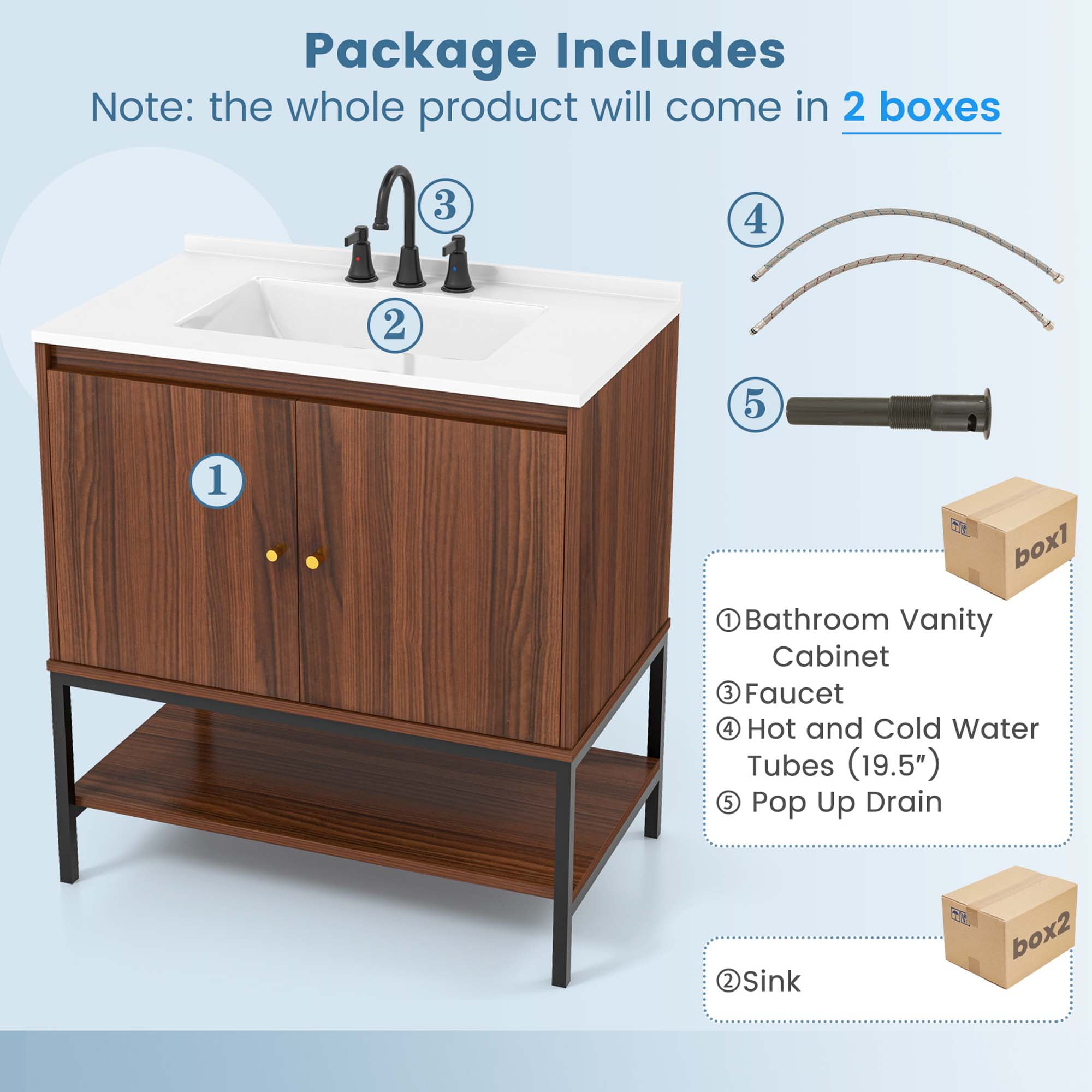 Costway 31" Bathroom Vanity Sink Combo Wooden Bathroom Storage Cabinet with Doors Walnut