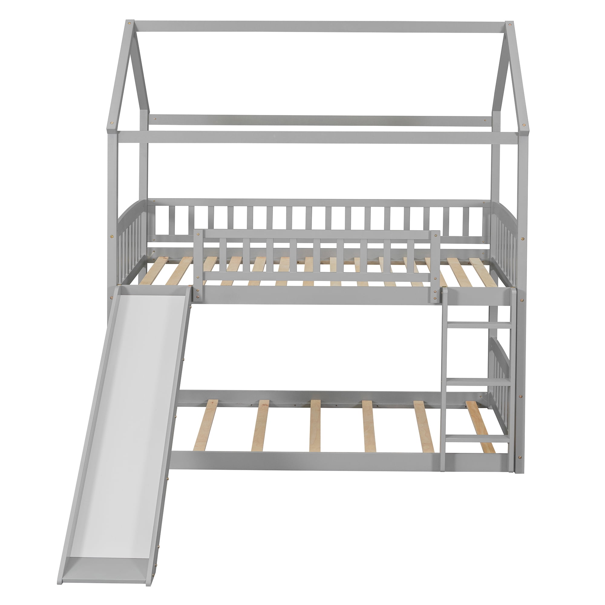Aukfa Twin over Twin Bunk Bed with Slide, Floor Bunk Bed for Kids, Boys and Girls, House Top, Wooden - Gray