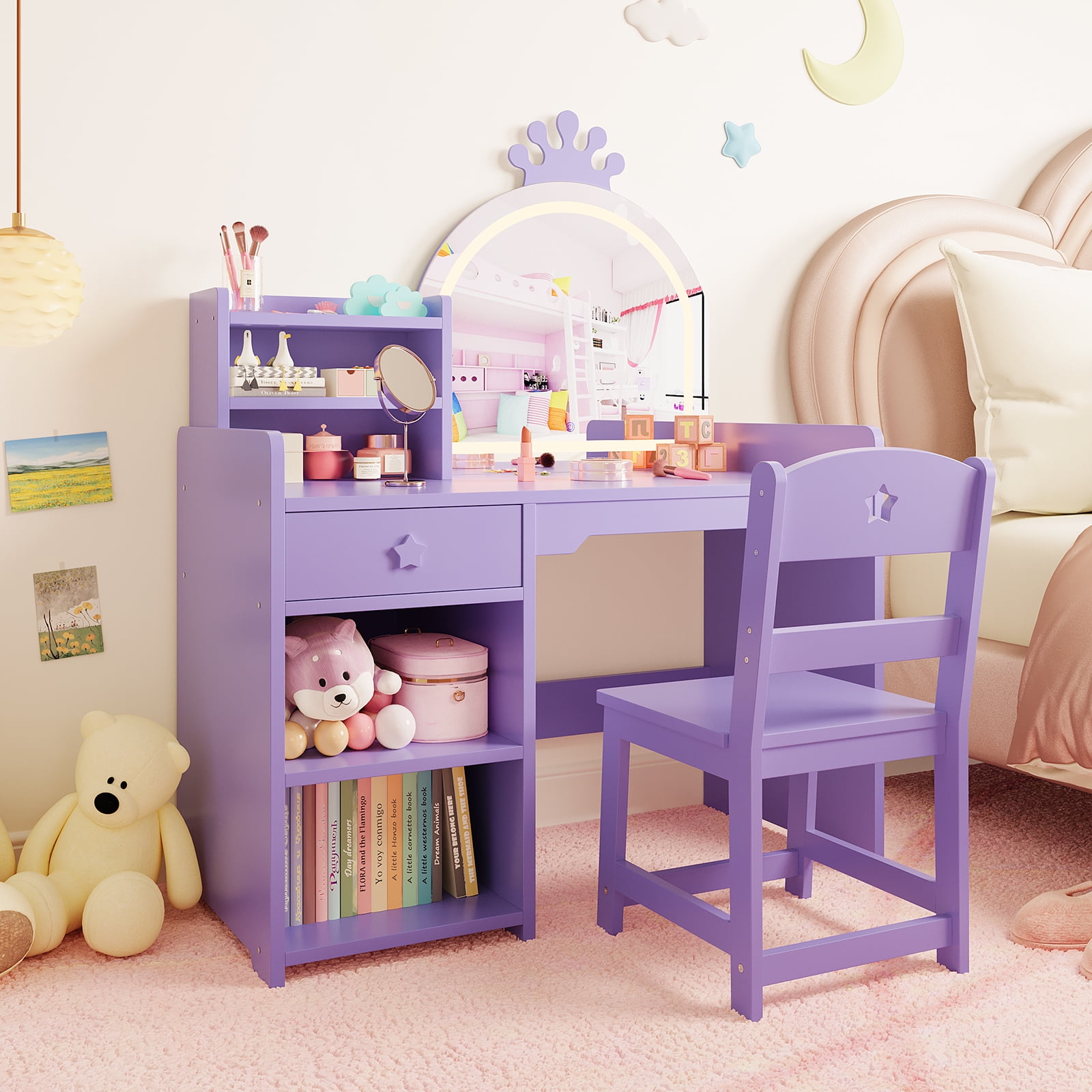 Kids Vanity Set with Lighted Princess Mirror Wooden Makeup Desk with Chair, Drawer & Open Shelves-Purple Dressing Table for Little Girls