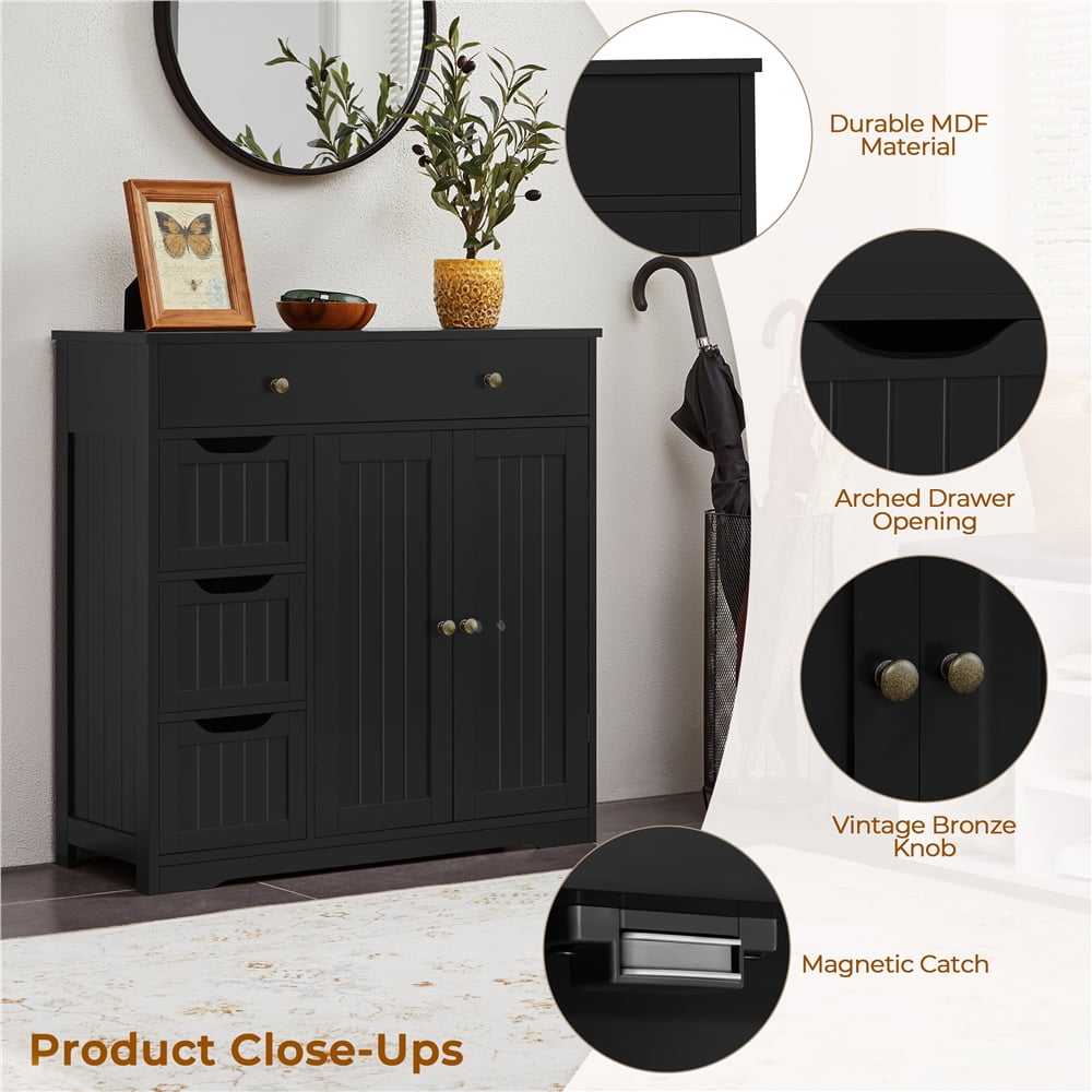 Yaheetech Modern Wooden Bathroom Storage Cabinet with Adjustable Shelf, 4 Drawers, 2 Doors, White