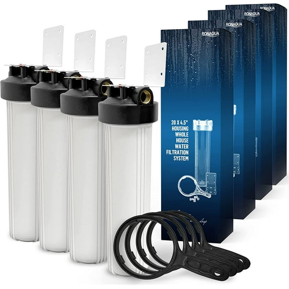 High Capacity 20 x 4.5” Whole House Filter Purifier System for Well or City Water, Presser Relief Button, 1” NPT Brass Port, Double O-ring, Meets NSF Standards & Regulations (White, 4 Sets)