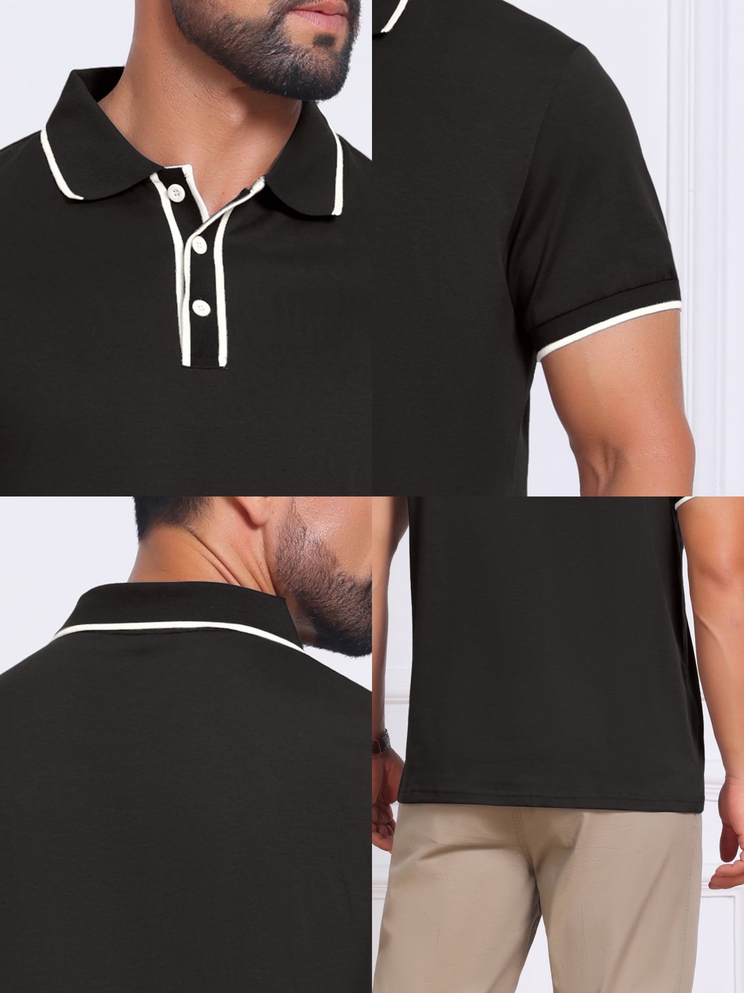 DARING DIVA Men's Contrast Trim Short Sleeve Button Closure Polo Shirts S Black