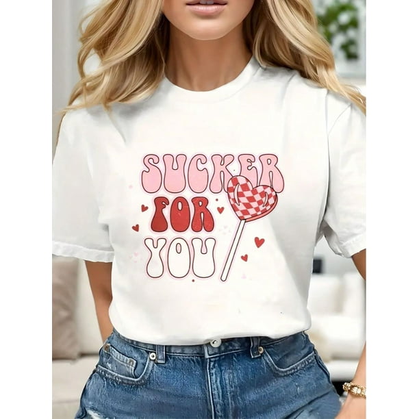 Pure Cotton Crew Neck Valentine's Day Love Letter Patterned T-Shirt Women's Graphic T-Shirt Casual Comfy Tees For Daily Wear
