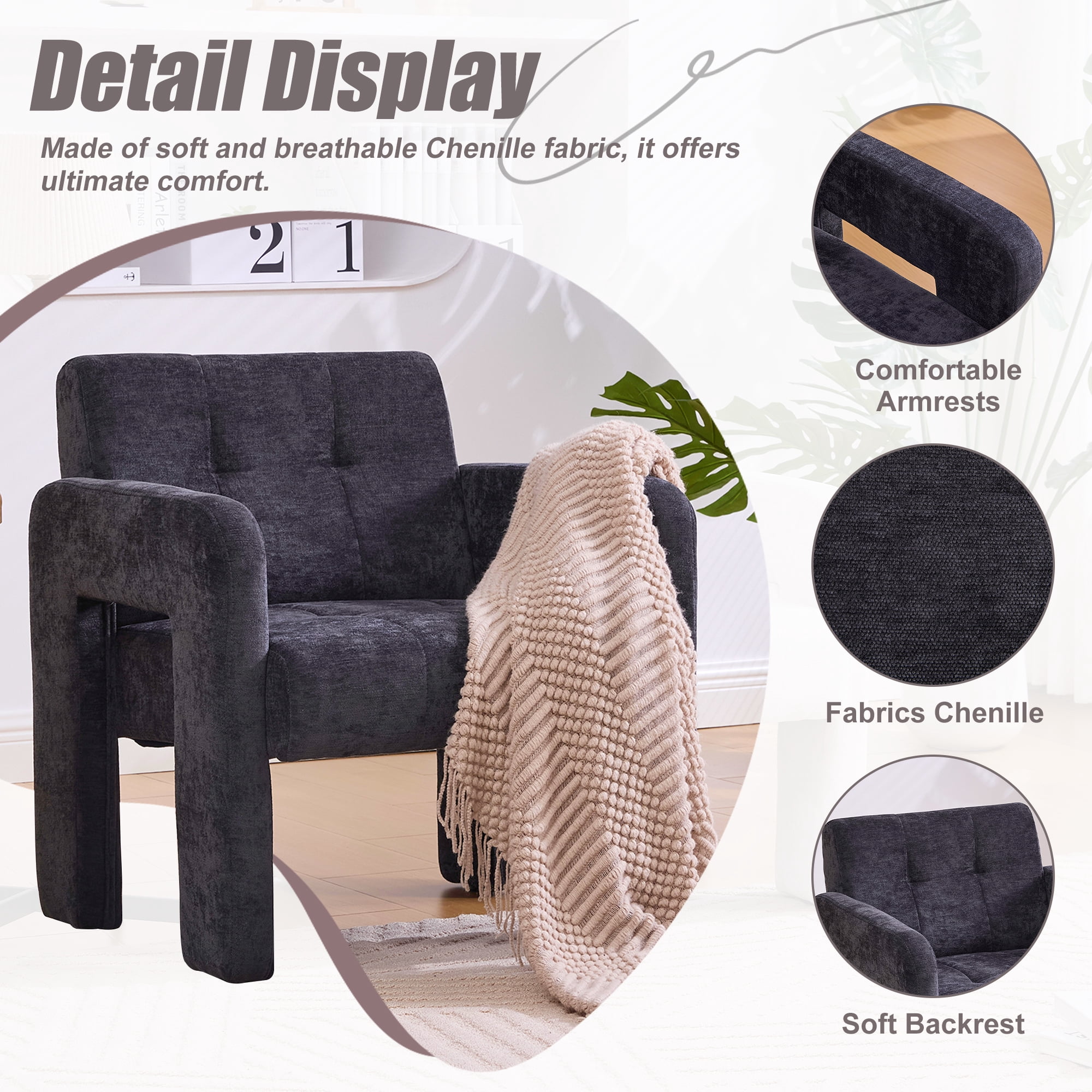 Armchair, Accent Chair, Upholstered Lounge Chair with Plush Chenille Fabric, High-Density Foam Cushion and Modern Minimalist Design, for Living Room Bedroom, Black