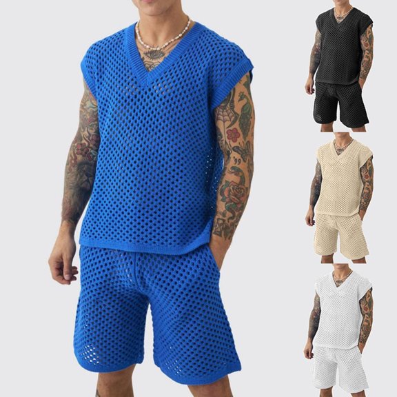 Men Crochet See Through 2 Piece Outfits Mesh Hollow Out V Neck Sleeveless Tank Top and Shorts Summer Fishnet Shorts Set for Beach Casual Breathable Blue