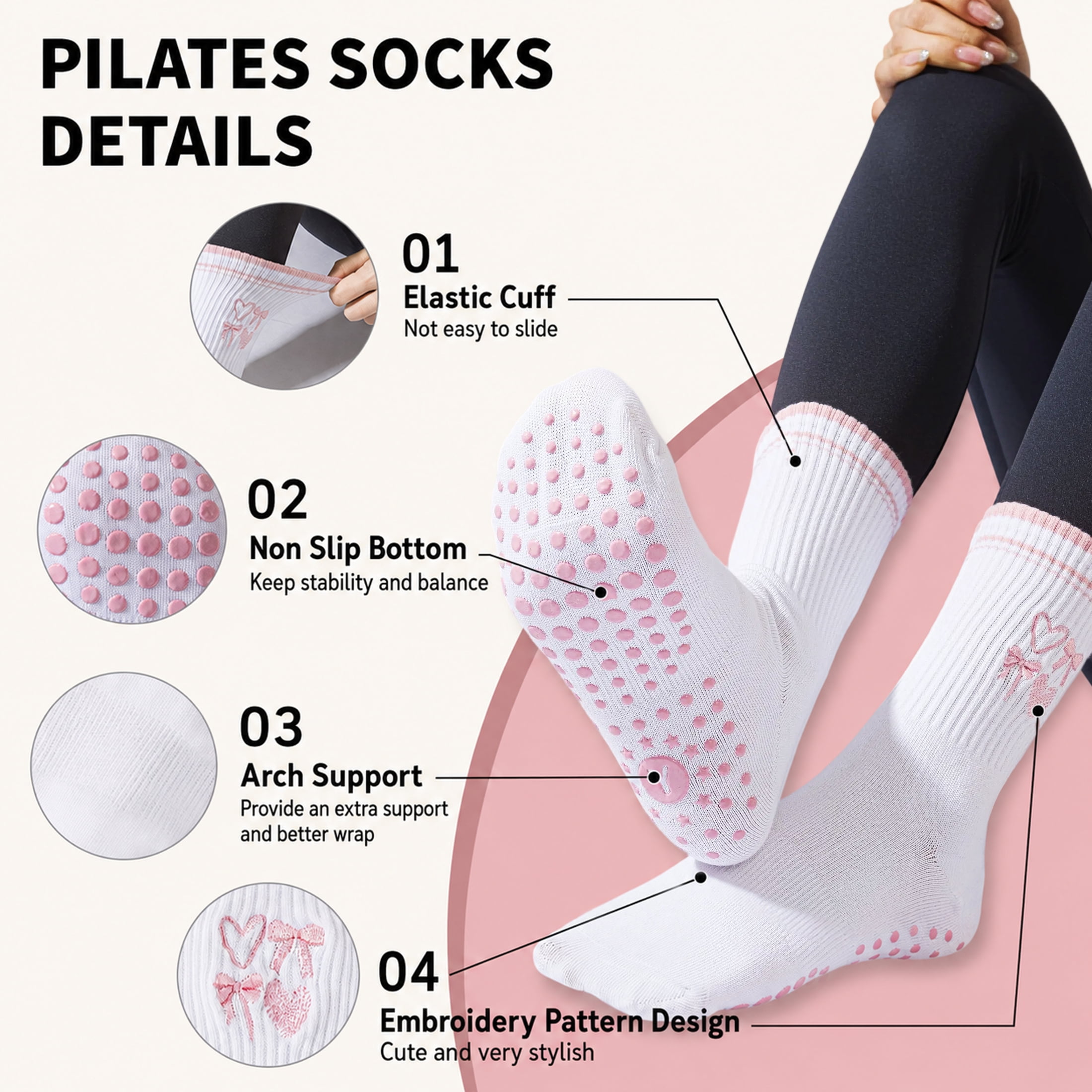 Yawlsow Pilates Grip Socks for Women, 4 Pairs Grippy Yoga Socks with Ruffle Embroidery Pattern for Barre Ballet Workout
