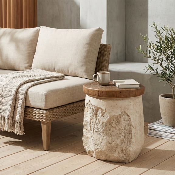 Christopher Knight Home Outdoor MGO Accent Side Table, Stone-Effect with Faux Wood Grain Top, Beige
