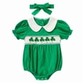 thumbnail image 4 of ZEHJUHAN Baby Girl's Clover Embroidered Romper Set, Ruffle Bubble Sleeve Lapel Collar Onesie with Hair Bow For Summer Green，1-3M, 4 of 11