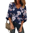 thumbnail image 1 of Asyoly Womens Tops Summer 3/4 Bell Sleeve V Neck Blouse Top Shirt Mesh Panel Loose Casual Loose Fitting Pullover, 1 of 5