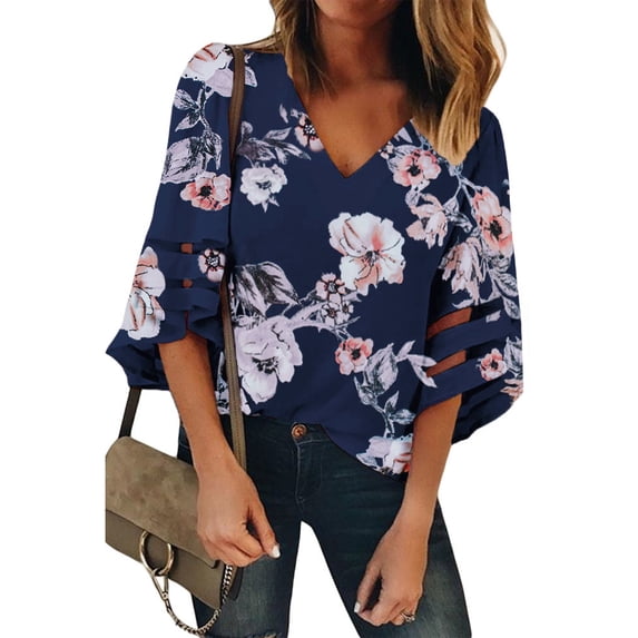 Asyoly Womens Tops Summer 3/4 Bell Sleeve V Neck Blouse Top Shirt Mesh Panel Loose Casual Loose Fitting Pullover