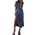 thumbnail image 2 of ClodeEU Women's Striped V Neck Short Sleeve Side Split Midi Dress,Soft Knit Casual Summer Dress Blue,Women's Plus L, 2 of 6