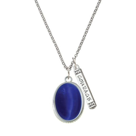 Delight Jewelry Silvertone Oval - Imitation Cat's Eye - Blue - Silvertone Courage Strength Wisdom Honesty Bar Charm Necklace, 23"