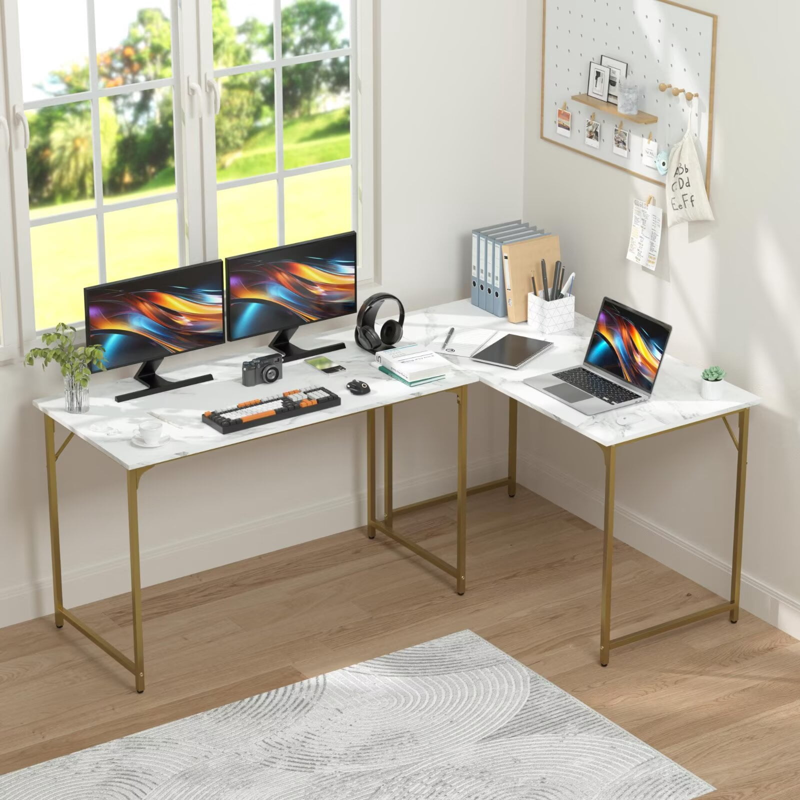 YRLLENSDAN Computer Desk with Metal Frame, Office Desk for Home Office, Modern Simple Style writing Desk, 47 Inchs, Adjustable Feet, (Gold)