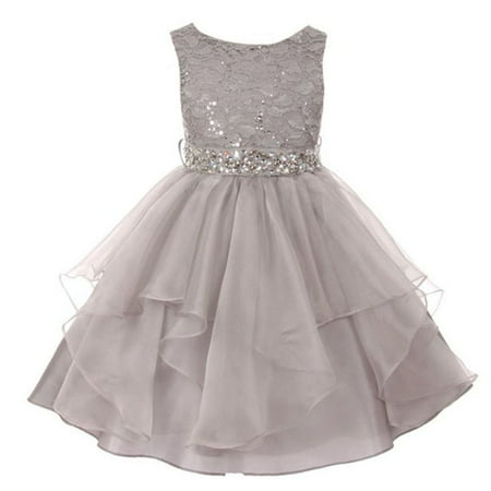 Little Girls Silver Lace Crystal Tulle Ruffle Flower Girl (Best Boutique Clothing Websites)