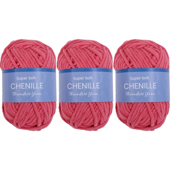 3 Pack ThreadArt Chenille Yarn for Crocheting, Knitting, Amigurumi, Super Soft Plush Velvet Yarn - 50 Gram 60 yds #5 Fluffy Yarn Skeins - Bright Pink