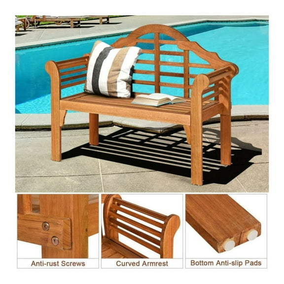 Eucalyptus Wood Folding Bench - 49 Inch Outdoor Patio Bench with Backrest & Armrests - Natural Finish - Garden Furniture for 2 People