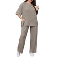 thumbnail image 2 of Plus Size Women 2 Piece Solid Casual Sets Short Sleeve Tops and Wide Leg Pants Outfit, 2 of 6